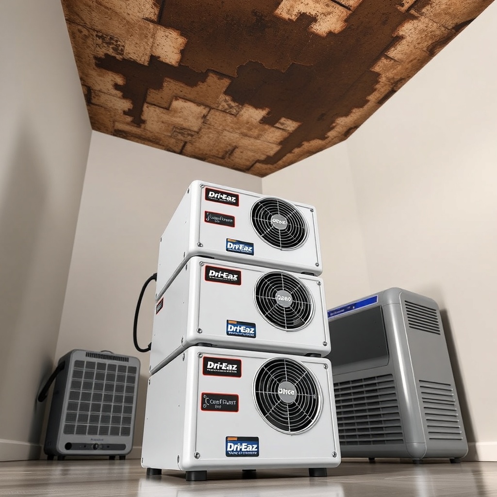 photorealistic angled shot of three stacked Dri-Eaz Accel 2200 units aimed upward at a wet