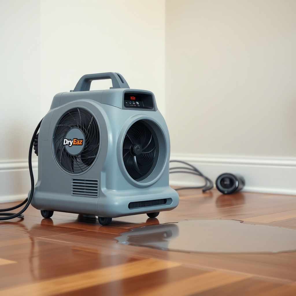 A clean photorealistic photo of a Dri-Eaz Accel 2200 air mover blowing air across a wet ha