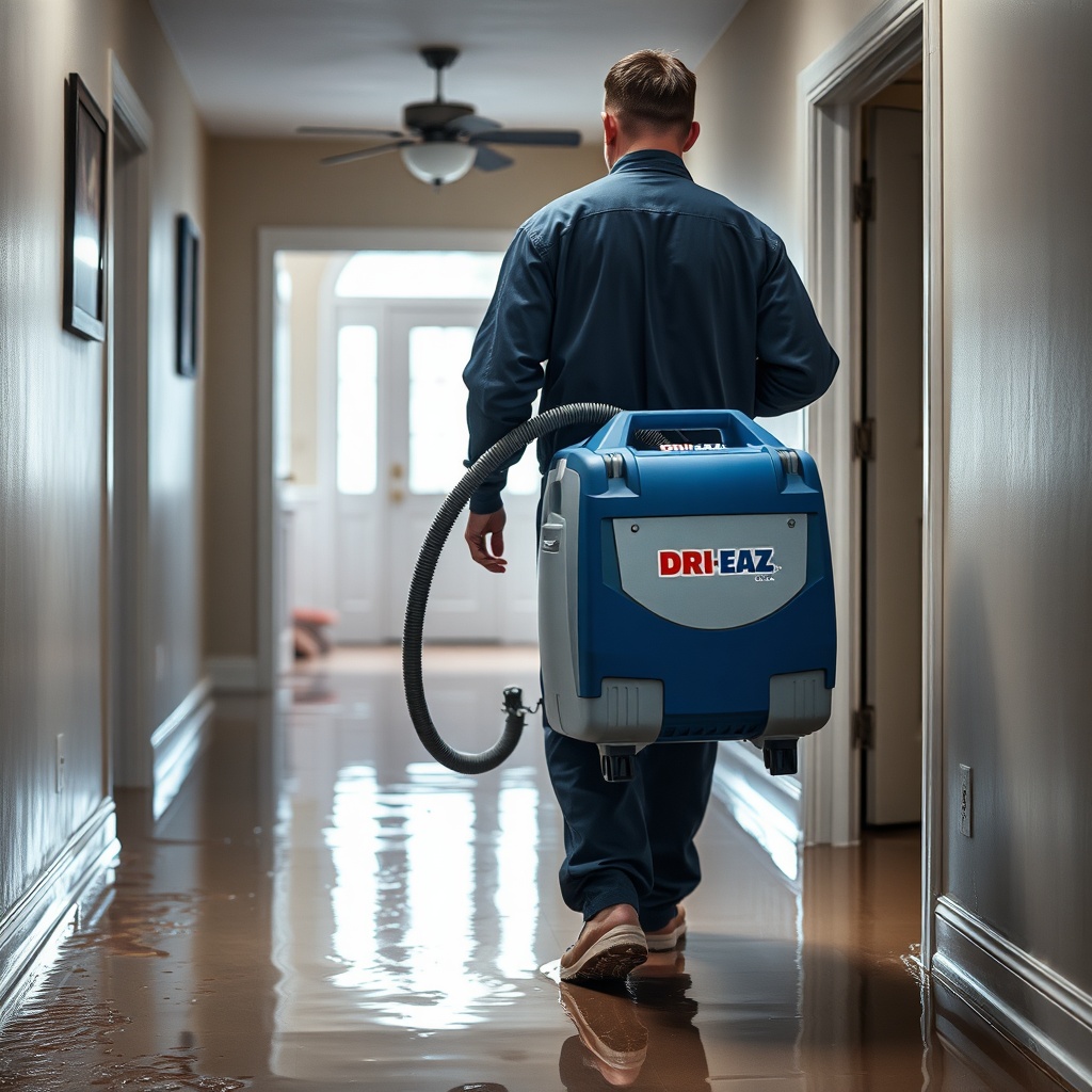A clean photorealistic photo of a technician carrying a Dri-Eaz Accel 2200 through a flood