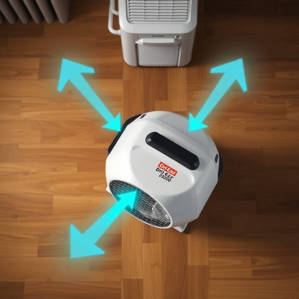 Photorealistic top-down view of a Dri-Eaz Accel 2200 Honeycomb Air Mover placed on a hardw