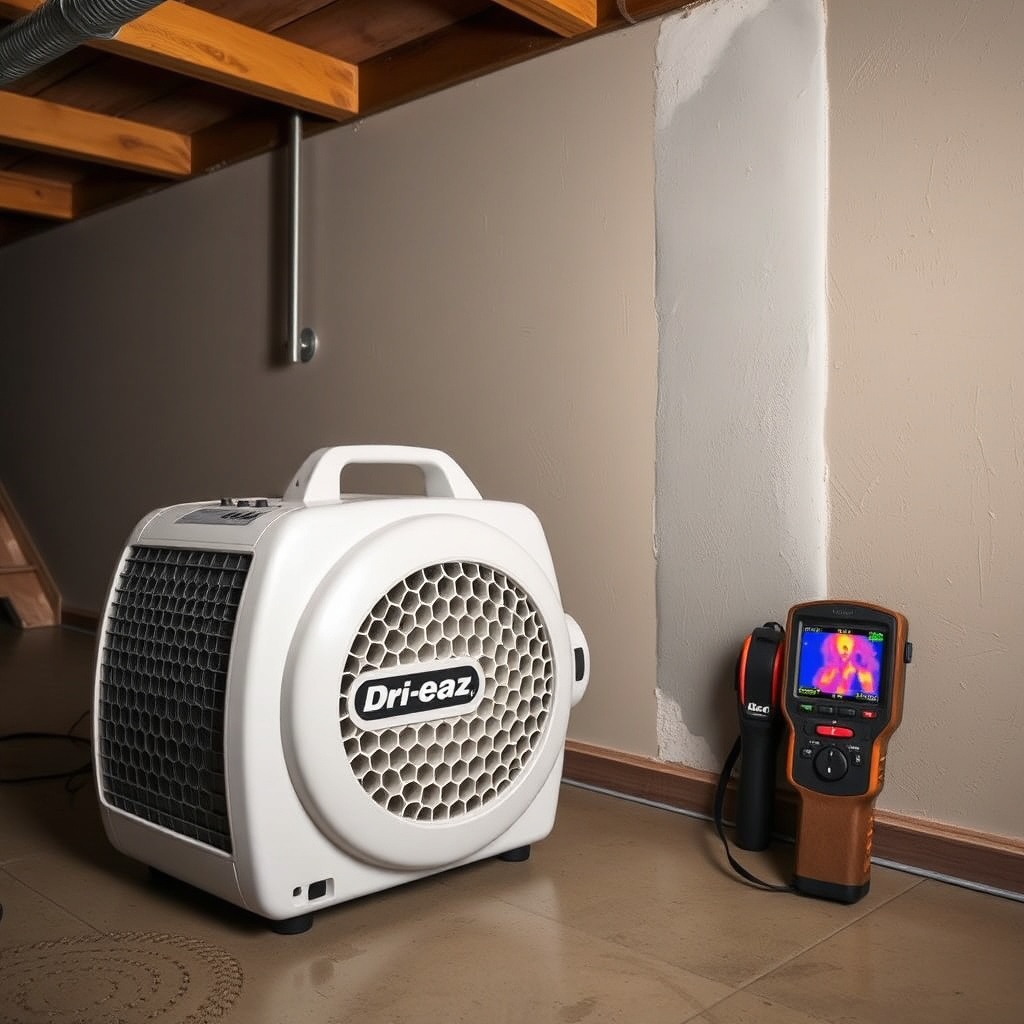 Photorealistic wide shot of a Dri-Eaz Accel 2200 Honeycomb Air Mover placed in a finished