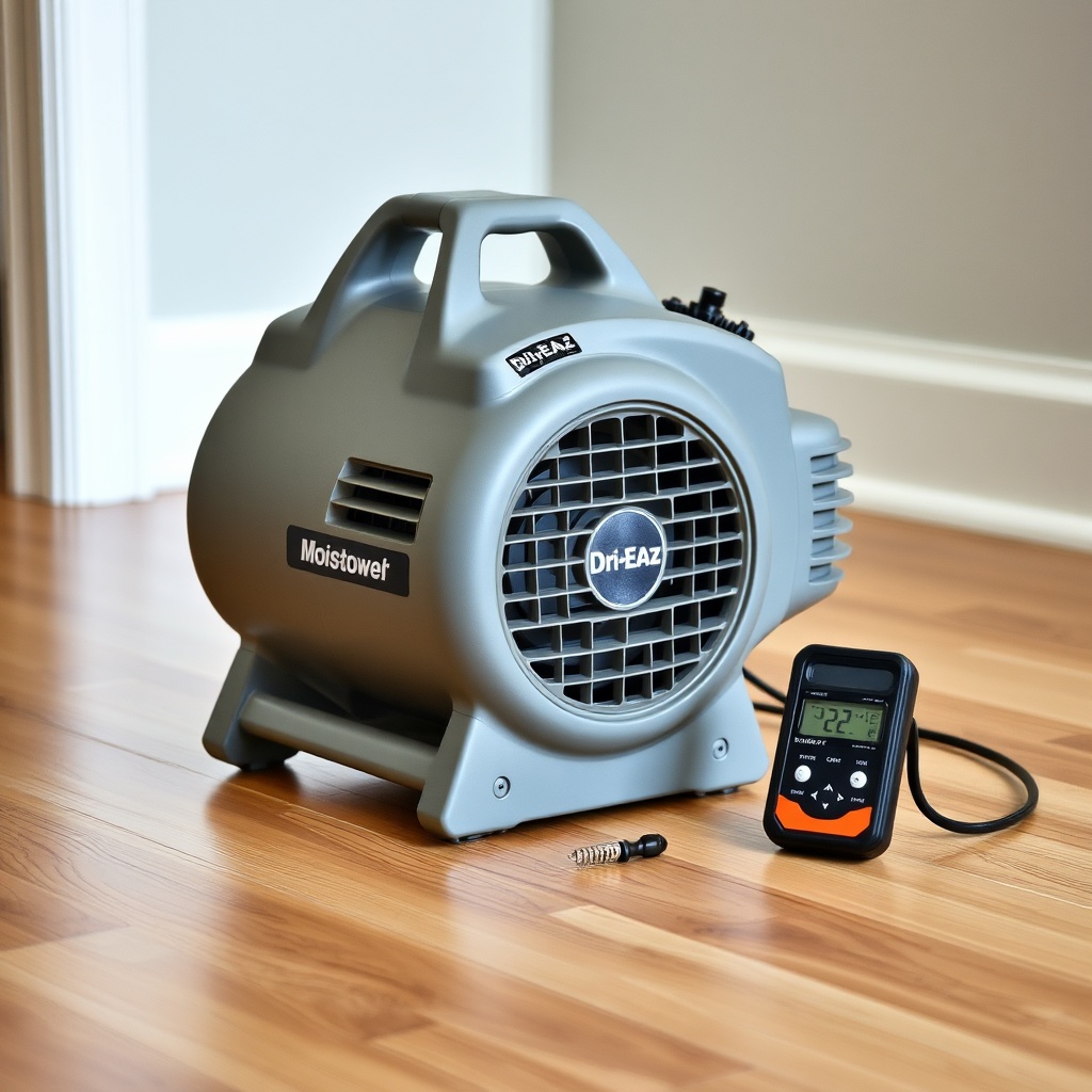 A clean photorealistic photo of a Dri-Eaz Accel 2200 Honeycomb Air Mover placed on a hardw