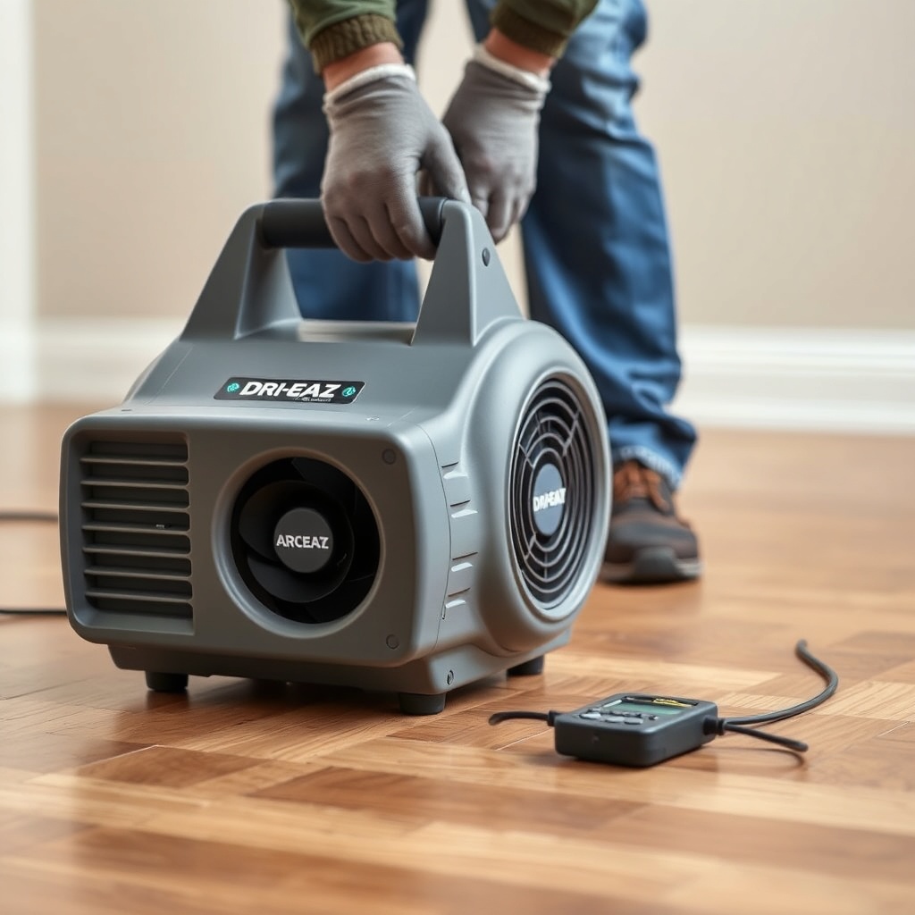 <clean photorealistic photo showing a Dri-Eaz Accel 2200 air mover positioned on a hardwoo