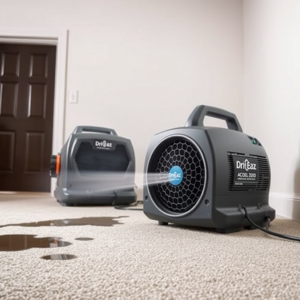 <clean photorealistic photo showing two Dri-Eaz Accel 2200 air movers operating in a room