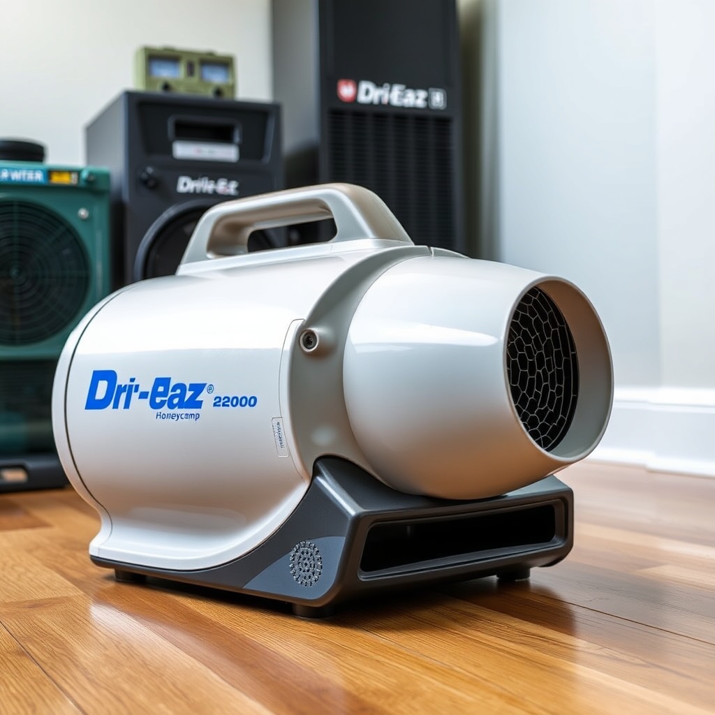 <clean photorealistic photo of a Dri-Eaz Accel 2200 Honeycomb Air Mover sitting on a hardw