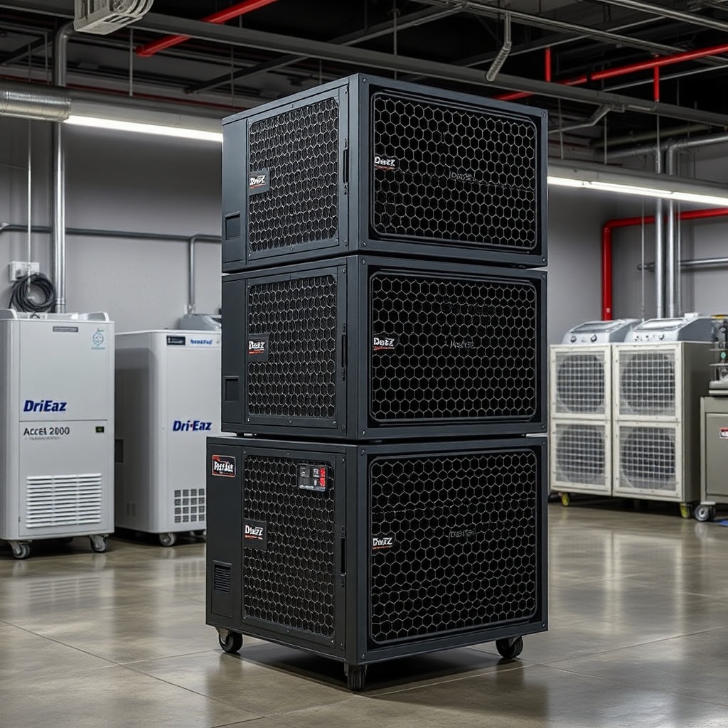 <clean photorealistic photo showing three Dri-Eaz Accel 2200 units stacked on top of each
