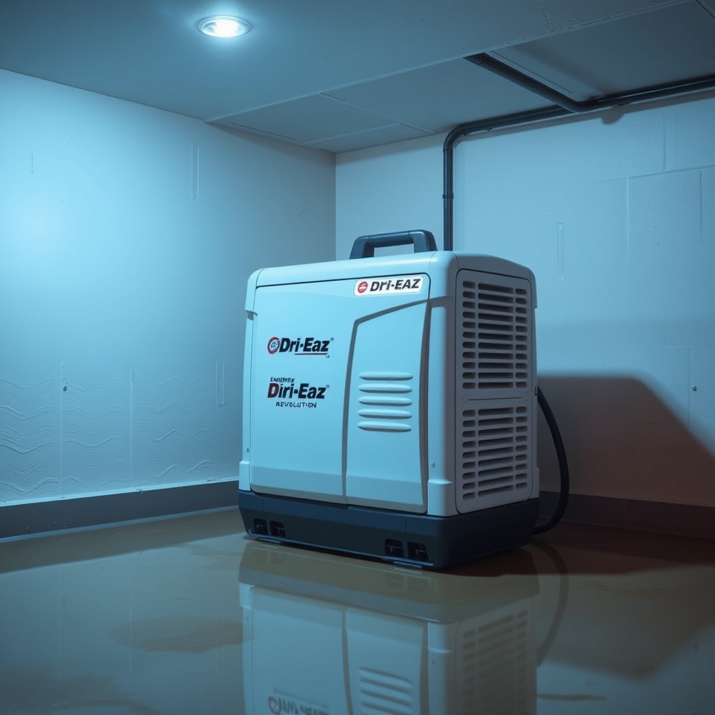 <clean photorealistic photo of a Dri-Eaz F410 Revolution unit in a flooded basement