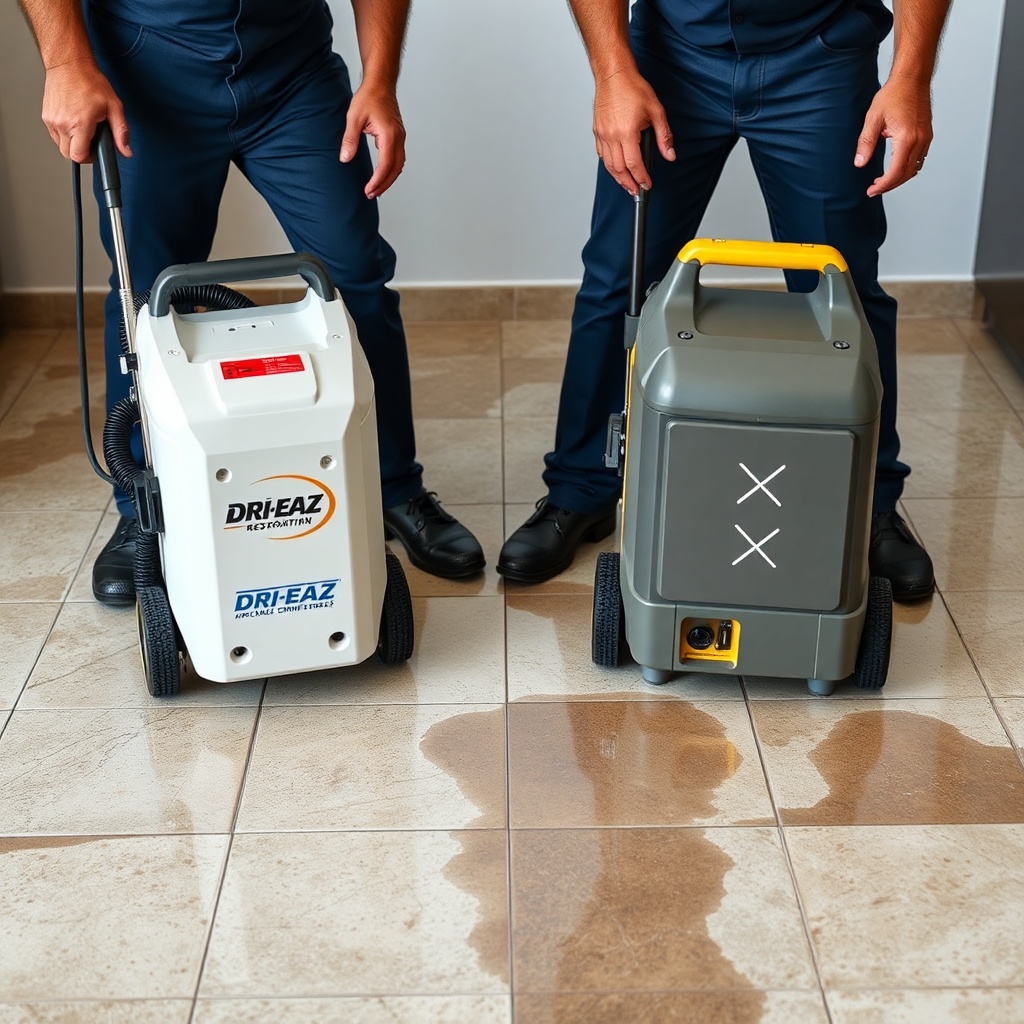 <clean photorealistic photo of restoration technicians comparing both units side-by-side o