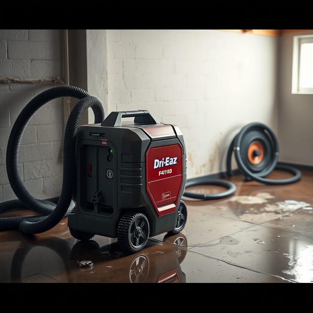 <clean photorealistic photo/illustration of a Dri-Eaz F410 Revolution placed in a water-da