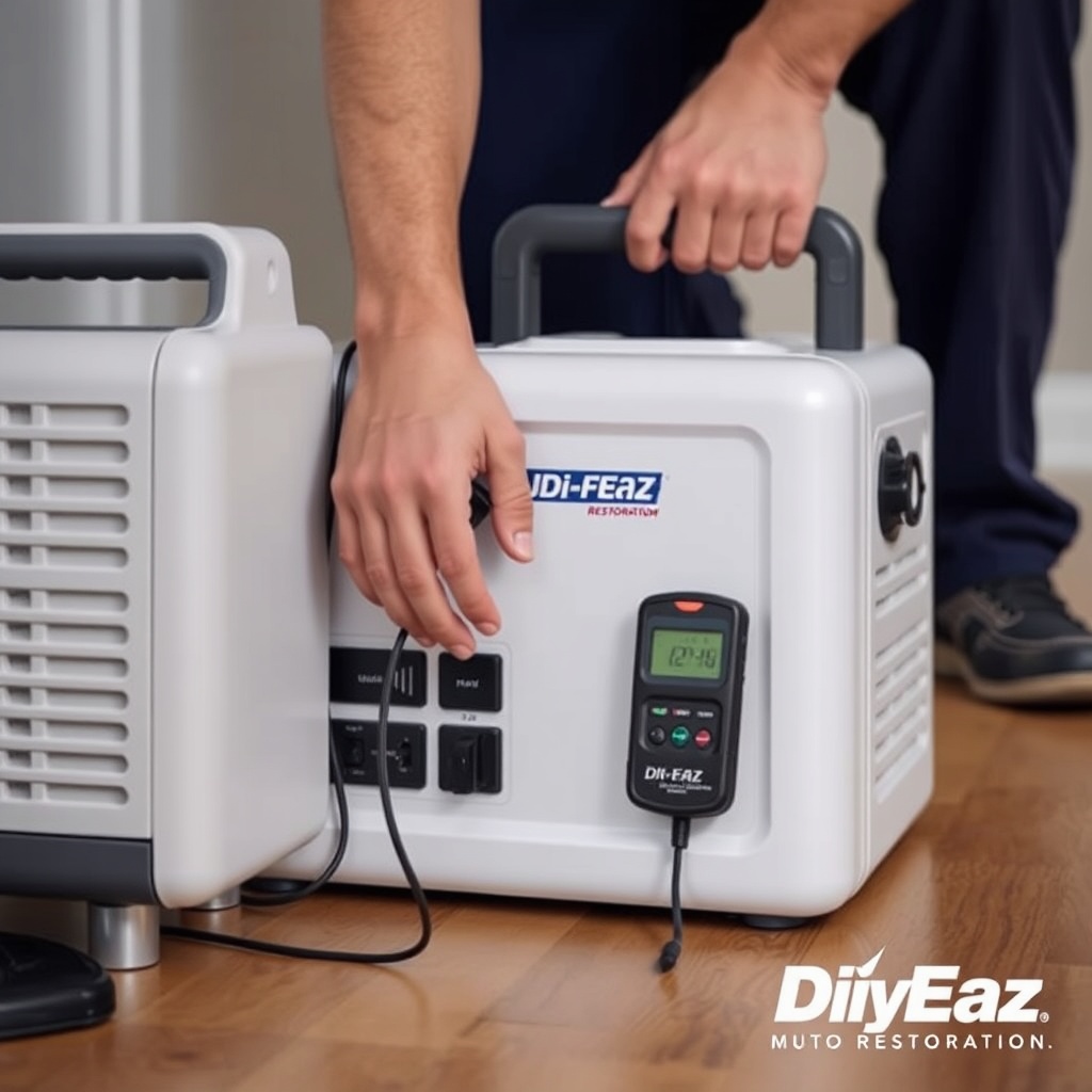 <clean photorealistic photo/illustration of a restoration technician adjusting the Dri-Eaz