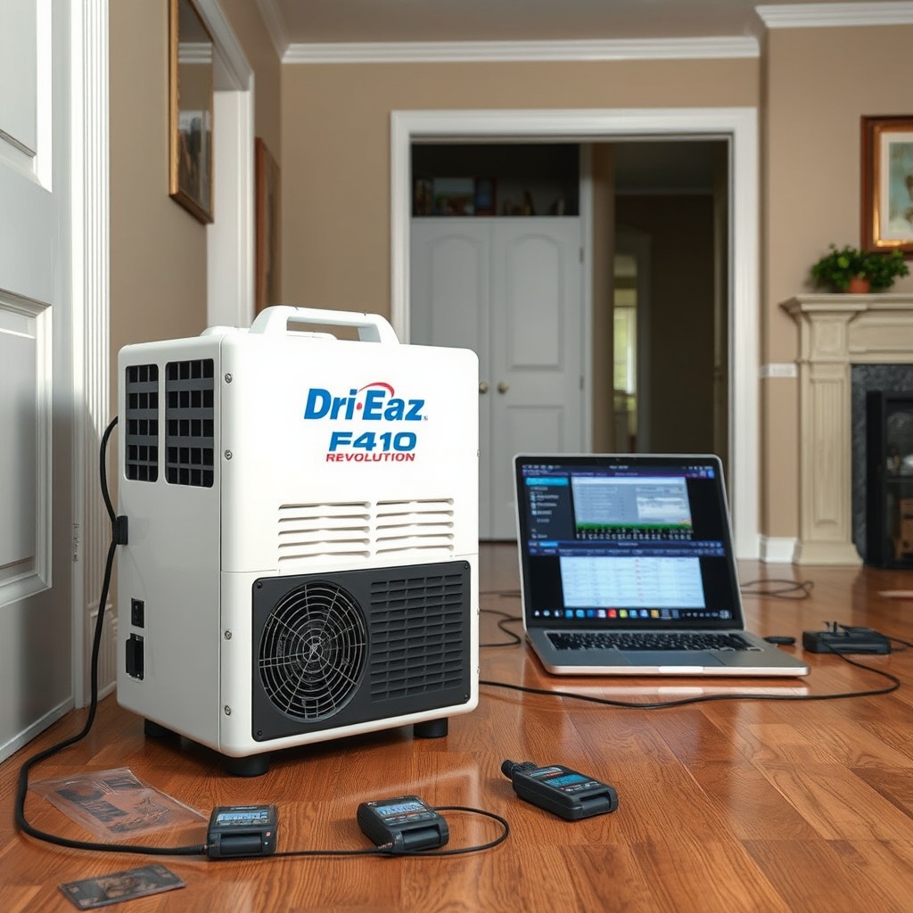 <clean photorealistic photo of a Dri-Eaz F410 Revolution unit positioned in a water-damage