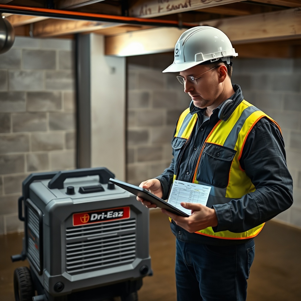 <clean photorealistic photo of an insurance adjuster in a hard hat reviewing a tablet with