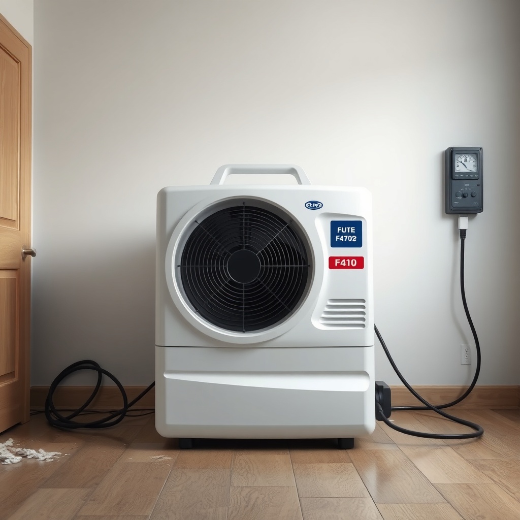 A clean photorealistic photo of a Dri-Eaz F410 Revolution Heated Air Dryer positioned in a