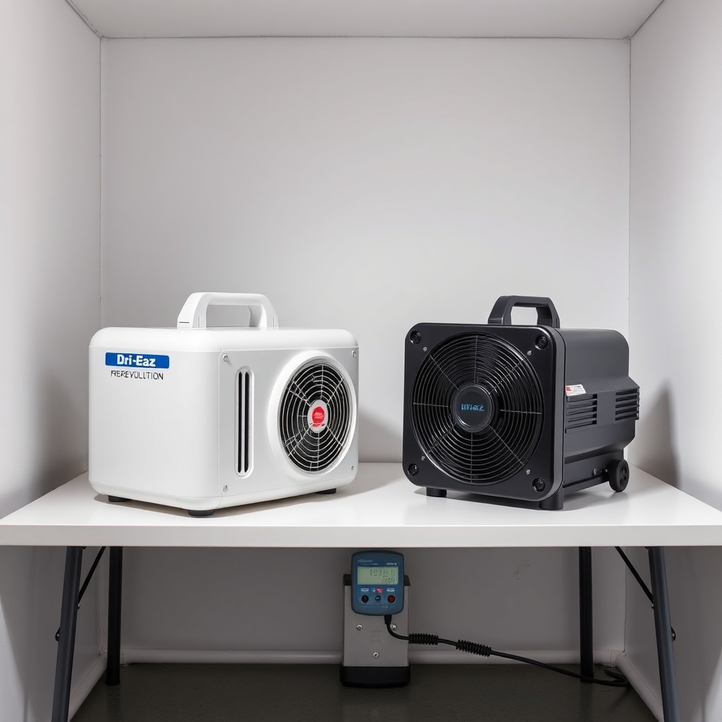 A clean photorealistic photo of a Dri-Eaz F410 Revolution and a standard air mover side by
