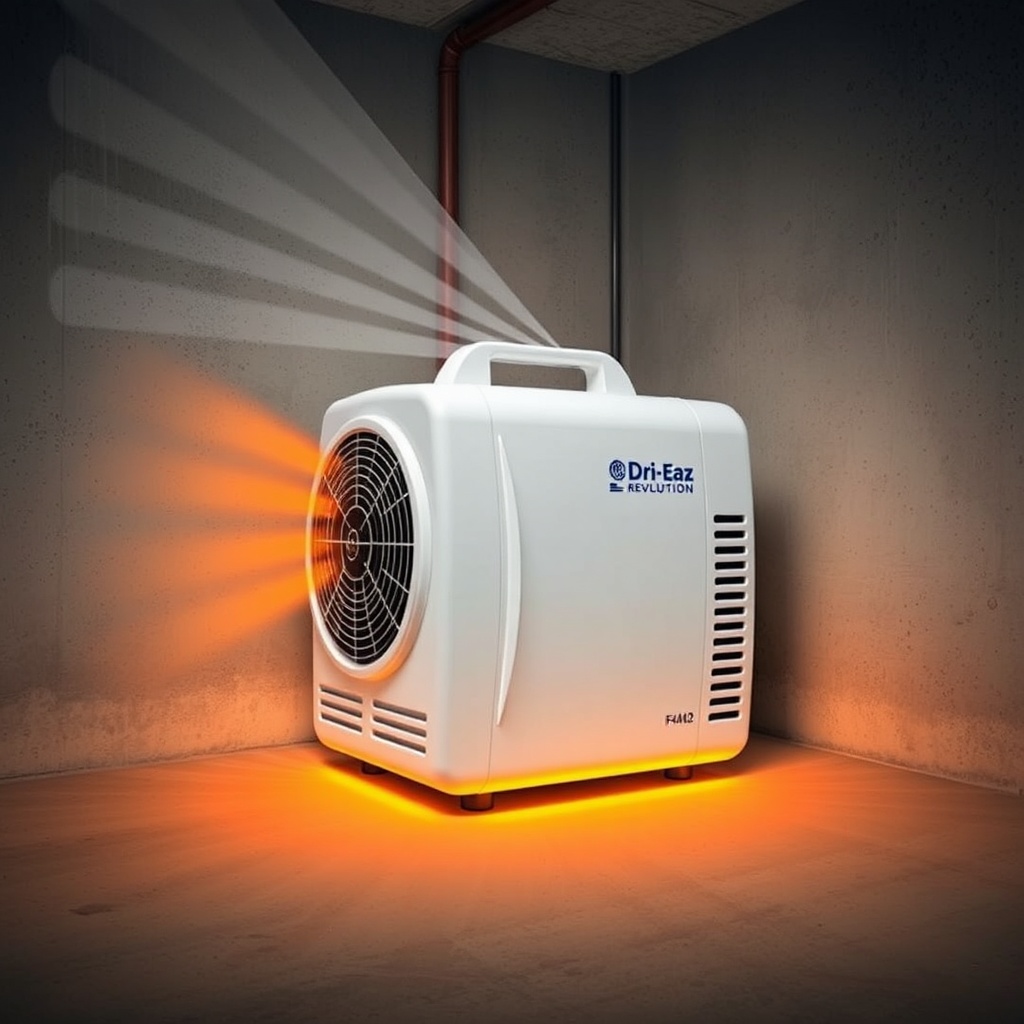 Close-up photorealistic photo of the Dri-Eaz F410 Revolution Heated Air Dryer positioned i