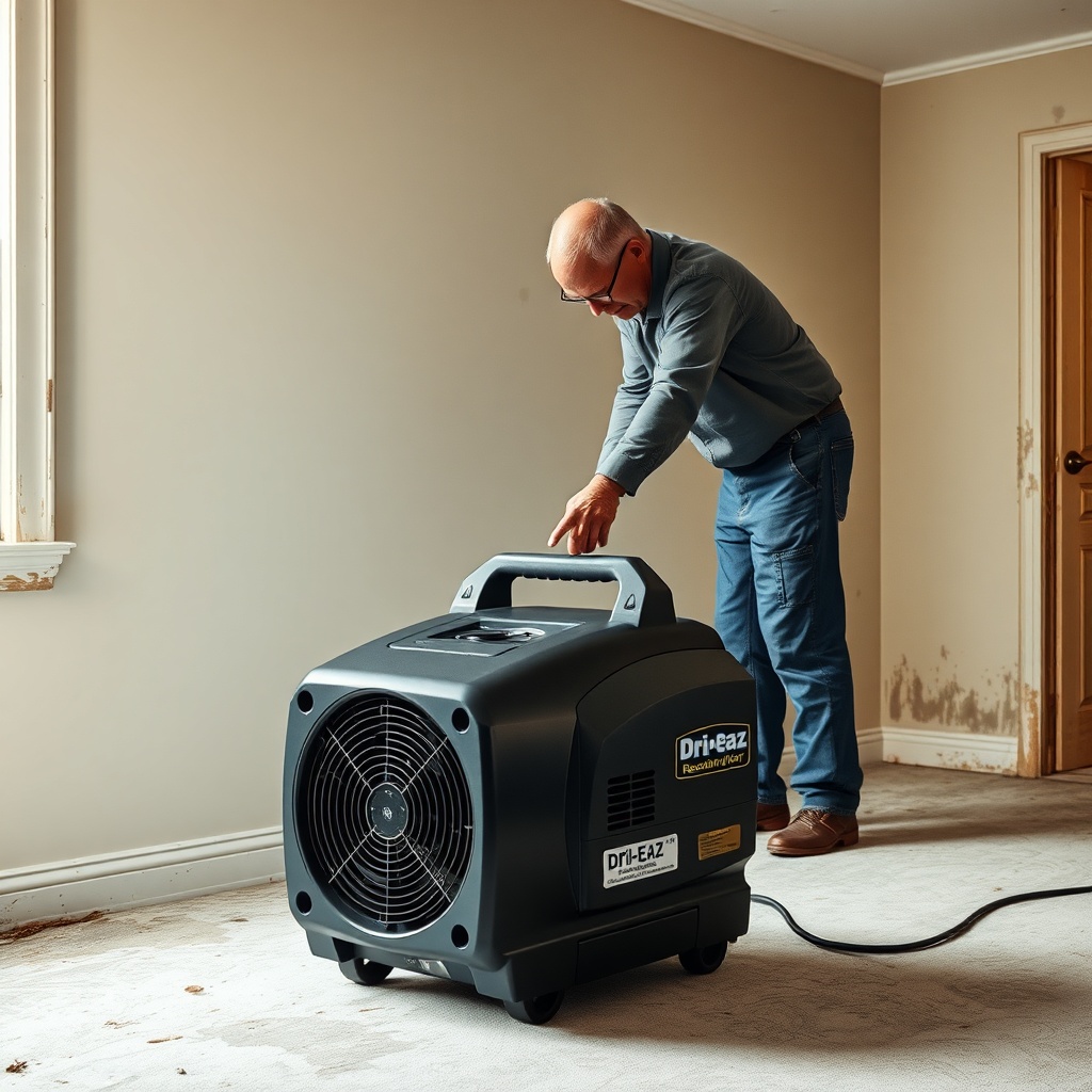 Photorealistic photo of a restoration technician adjusting the Dri-Eaz F410 Revolution Hea