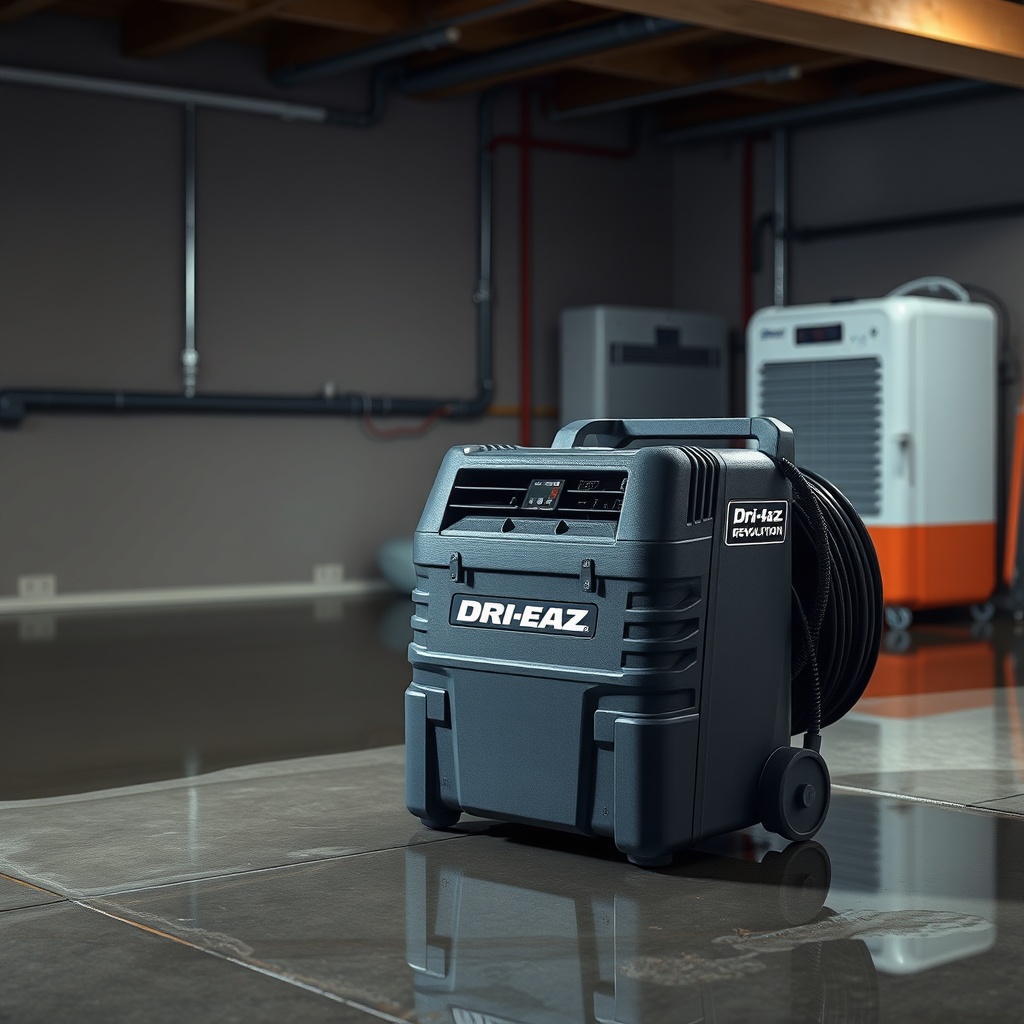 A photorealistic photo of a Dri-Eaz F410 Revolution unit placed on a wet concrete floor in