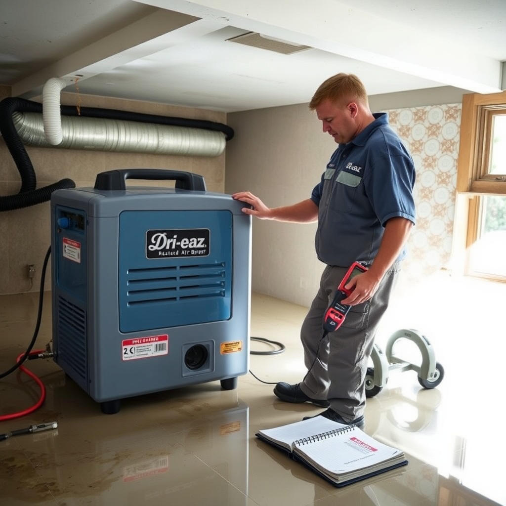 A photorealistic photo of a restoration technician adjusting the settings on a Dri-Eaz F41