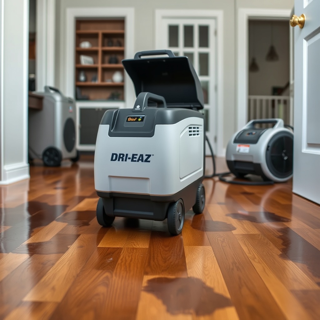 <clean photorealistic photo of a Dri-Eaz GRL-2000 Grilla Max positioned on a wet hardwood