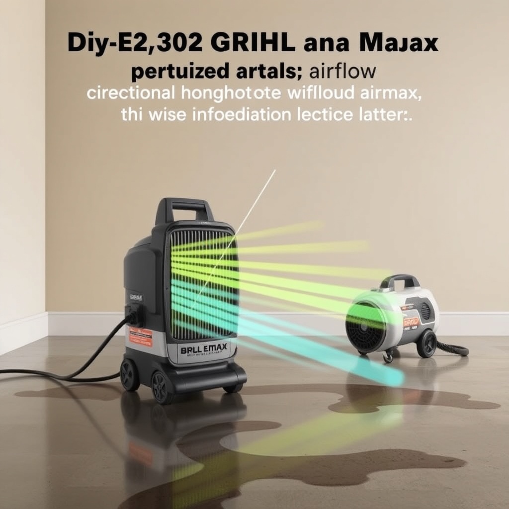 <clean photorealistic photo/illustration of a Dri-Eaz GRL-2000 Grilla Max airflow pattern