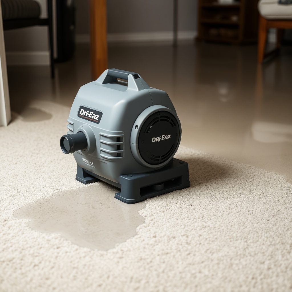 <photorealistic photo of Dri-Eaz Phantom X2 placed on wet carpet in a flooded basement