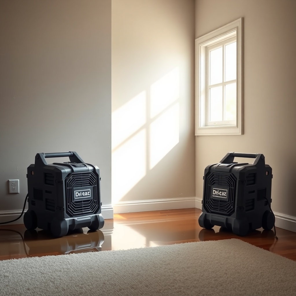 <photorealistic photo of two Dri-Eaz Phantom X2 units positioned in a flooded room