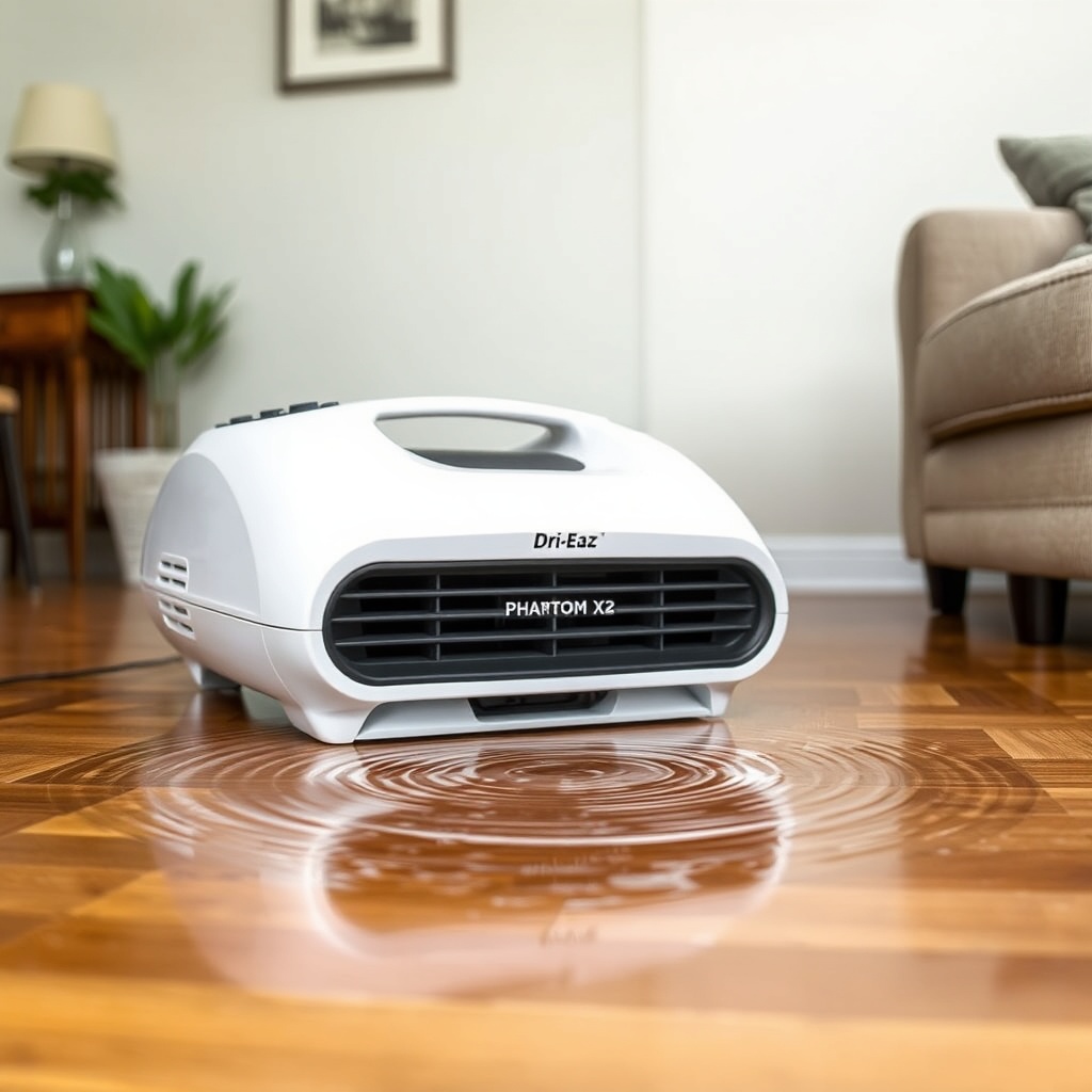 A photorealistic photo of the Dri-Eaz Phantom X2 placed on a wet hardwood floor in a resid