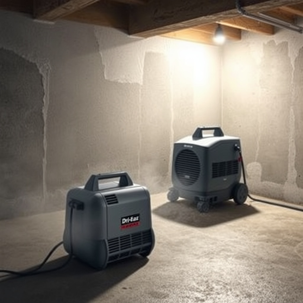 A photorealistic photo of the Dri-Eaz Phantom X2 being used in a damp basement with visibl