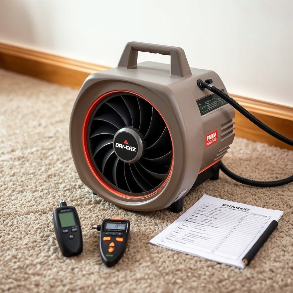 <clean photorealistic photo of Dri-Eaz Phantom X2 centrifugal air mover drying a wet carpe