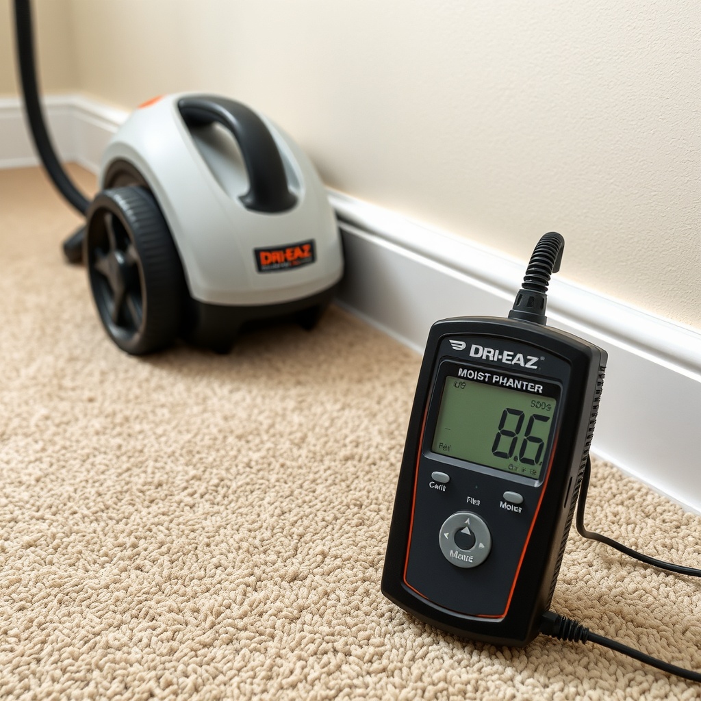 <Photorealistic photo of a Dri-Eaz Phantom X2 next to a wet carpet with a moisture meter i