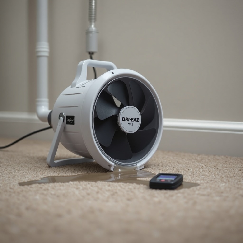 <clean photorealistic photo of Dri-Eaz Phantom X2 fan directed at a wet carpet near a wate