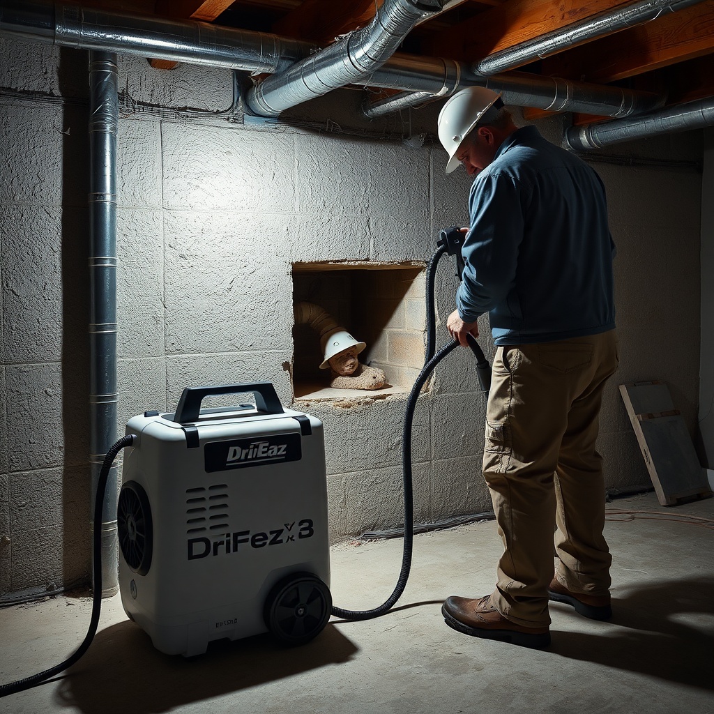 <clean photorealistic photo of a technician using a Dri-Eaz Phantom X2 near an exposed pip