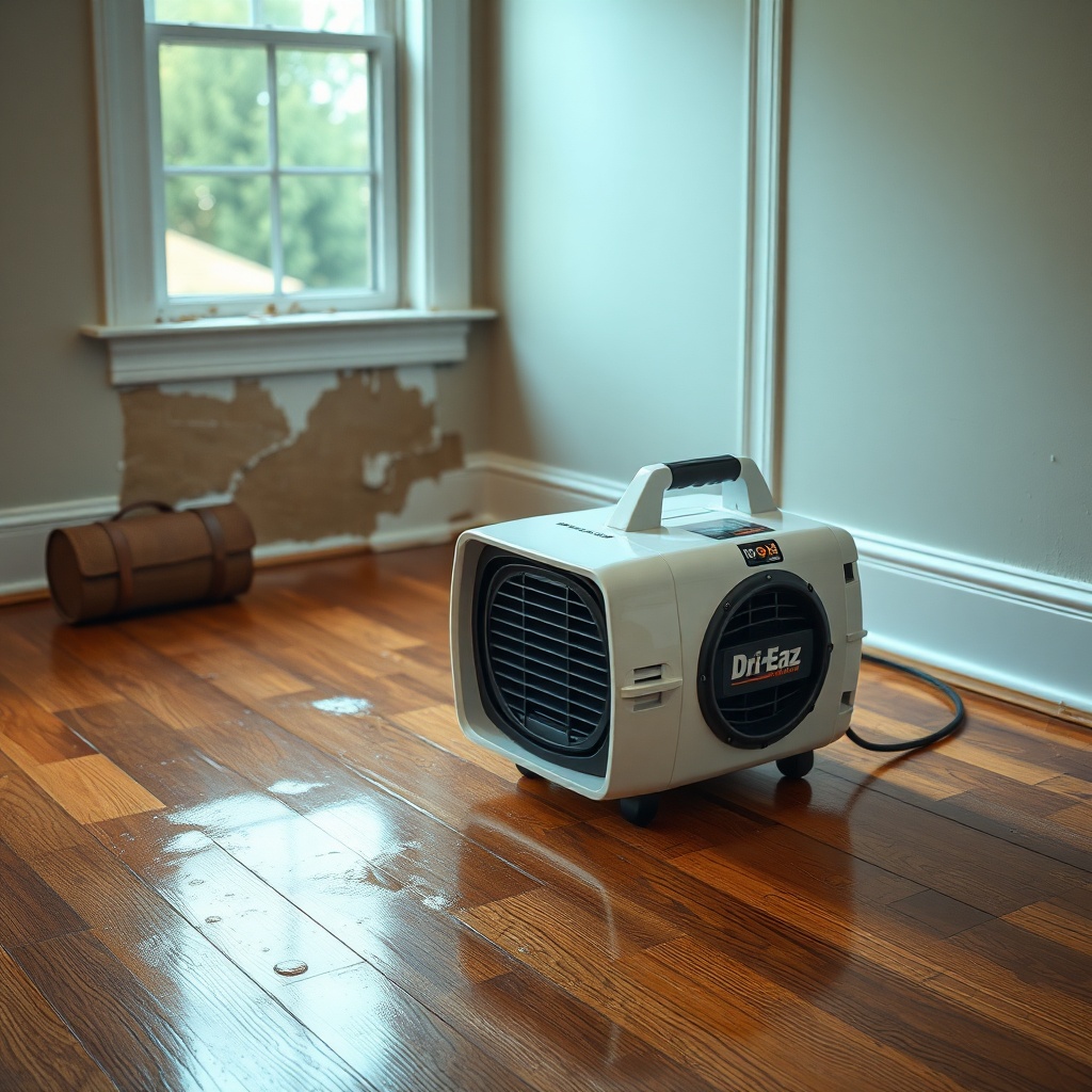 A photorealistic photo of a Dri-Eaz Phantom X2 air mover positioned on a wet hardwood floo