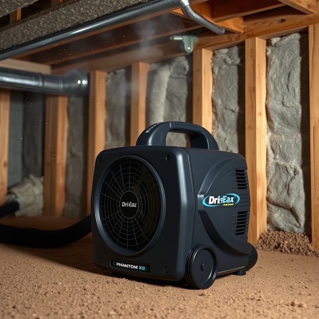 A photorealistic photo of a Dri-Eaz Phantom X2 air mover positioned in a residential crawl