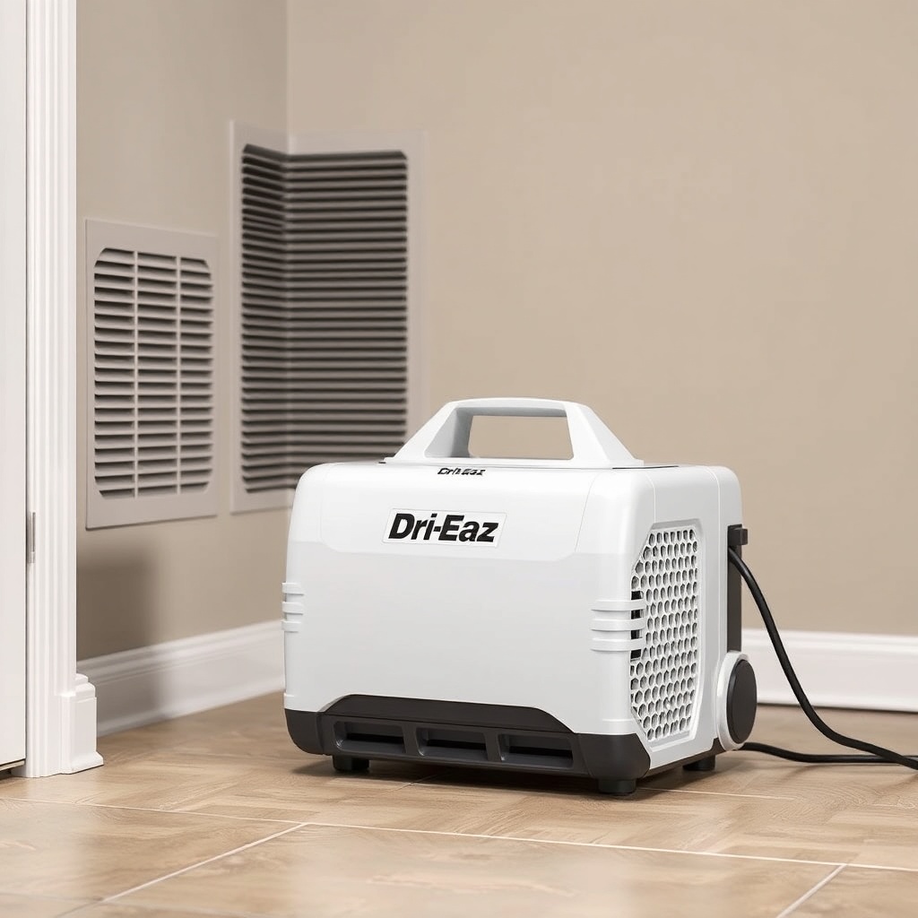 <clean photorealistic photo of a Dri-Eaz Phantom X2 placed on a basement floor