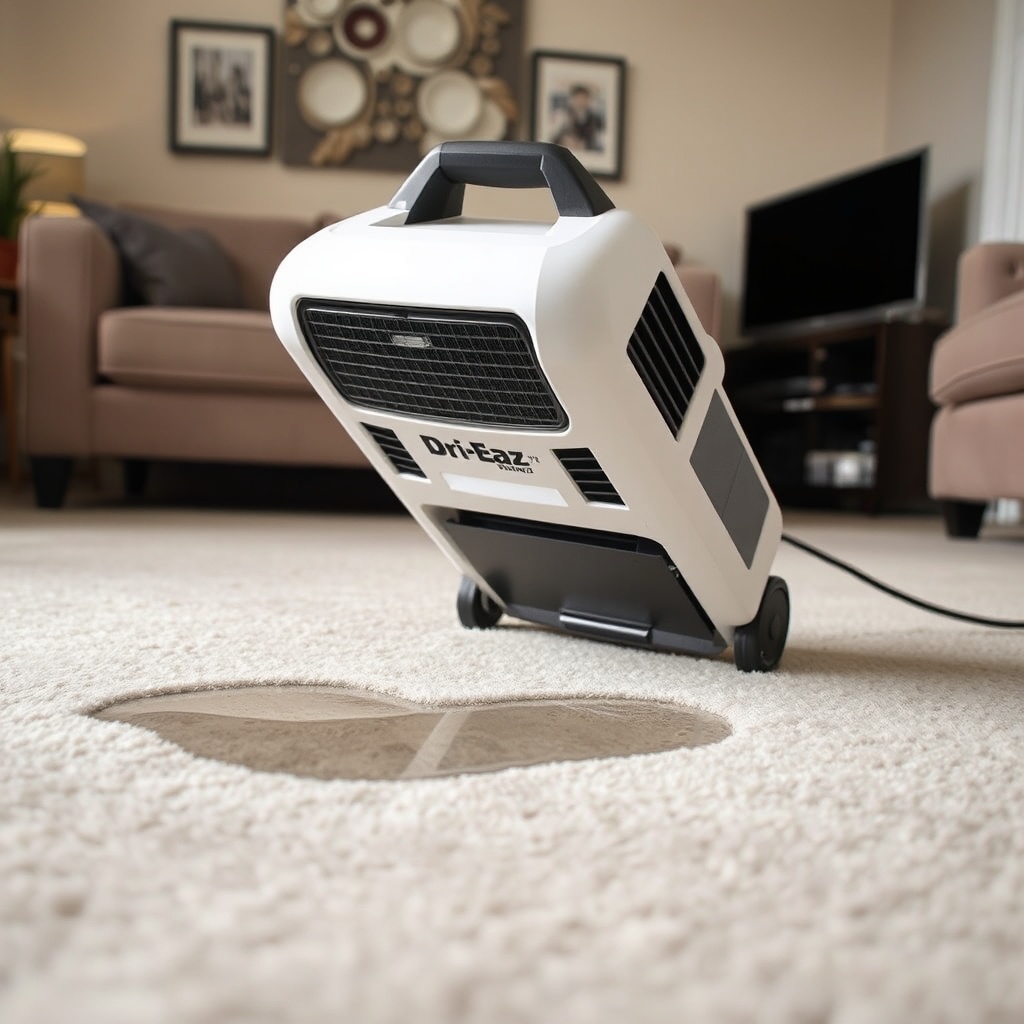 <clean photorealistic photo of a Dri-Eaz Phantom X2 tilted downward over a wet carpet area
