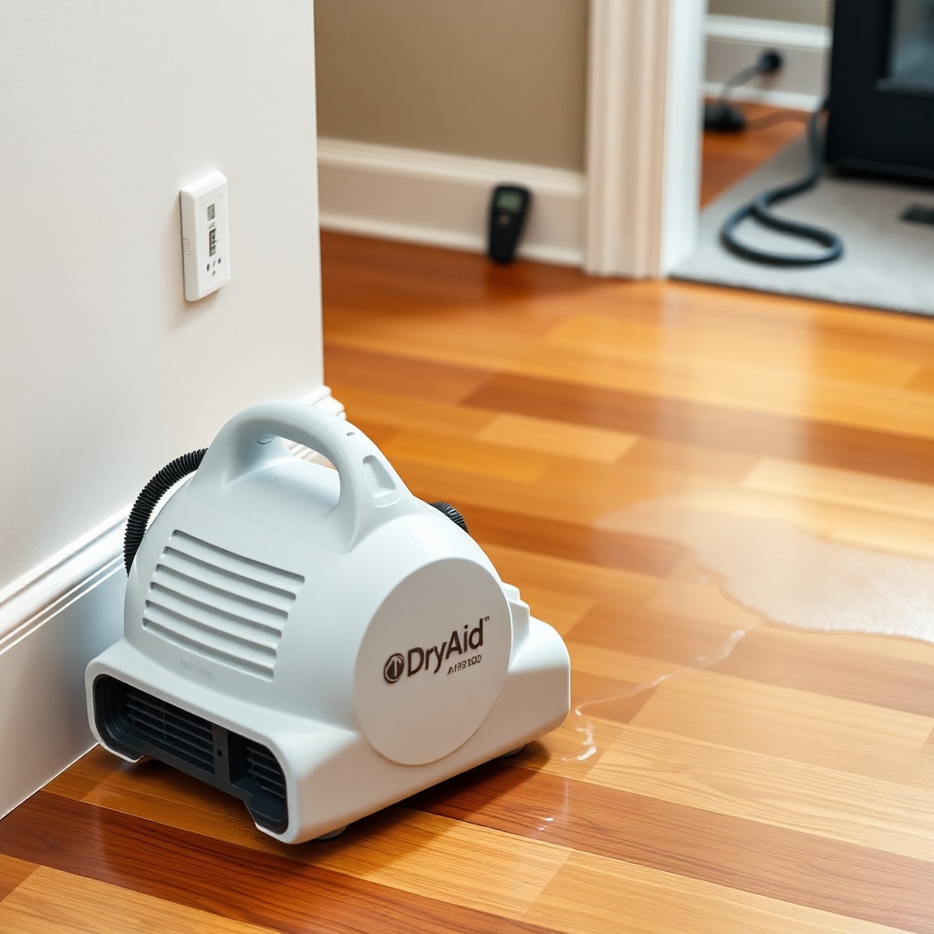 A clean photorealistic photo of a DryAid M120 Pro Air Mover positioned on a hardwood floor