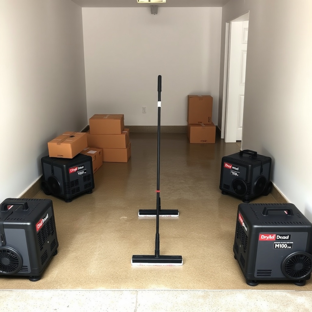 A clean photorealistic photo of a garage floor after a flood