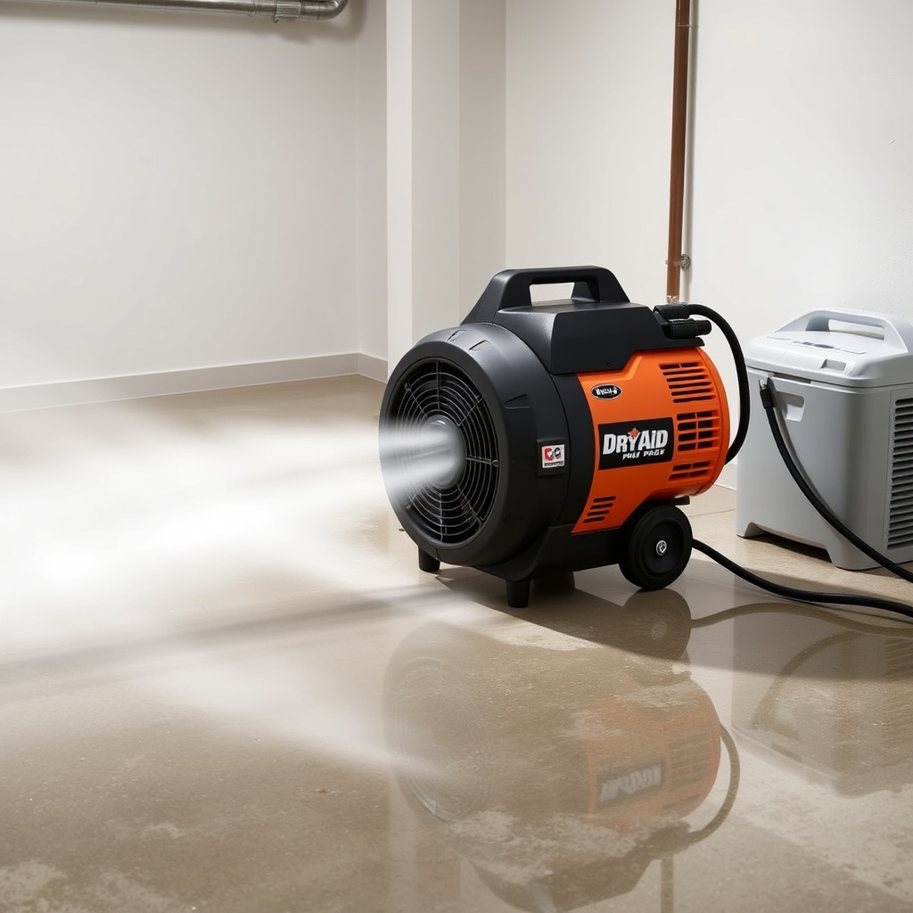 <clean photorealistic photo/illustration of a DryAid M120 Pro Air Mover positioned in a fl