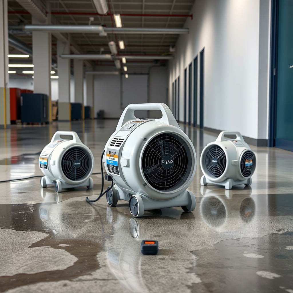 <clean photorealistic photo/illustration of a DryAid M120 Pro Air Mover placed in a commer