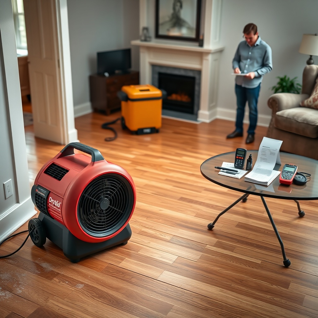 <clean photorealistic photo/illustration of a DryAid M120 Pro Air Mover placed in a reside