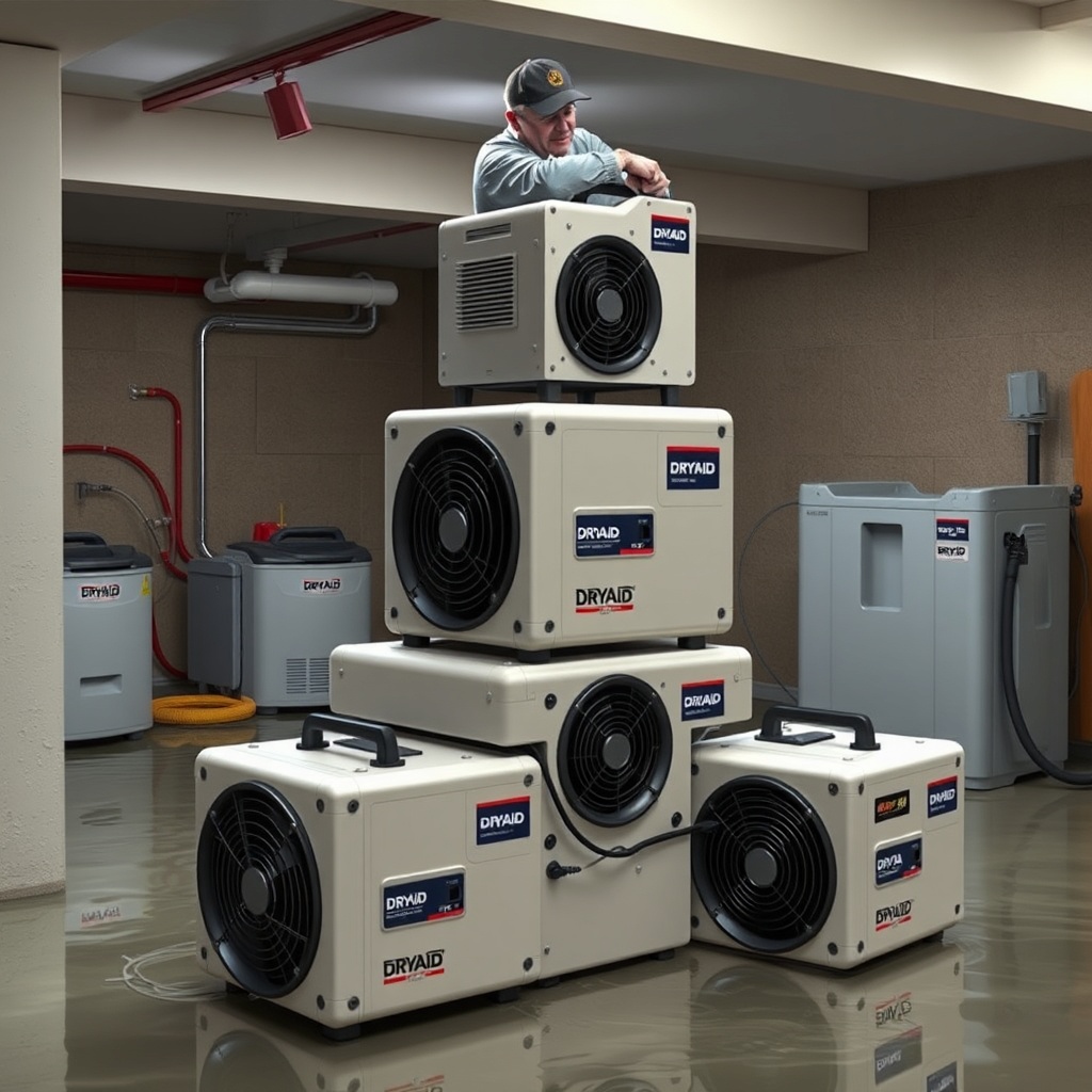 <clean photorealistic photo/illustration of three stacked DryAid M120 Pro Air Movers in a