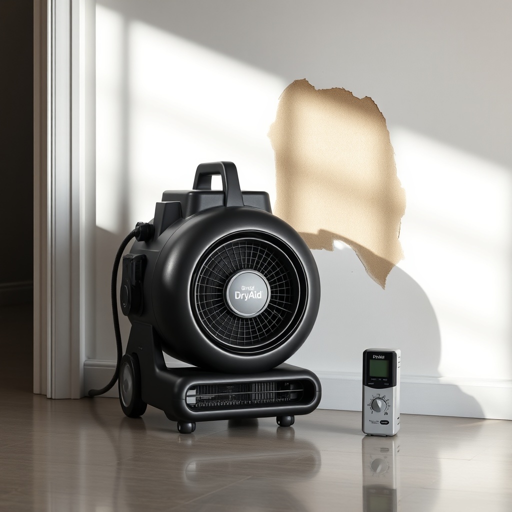 A clean photorealistic photo of a DryAid M120 Pro Air Mover positioned near a wet patch on
