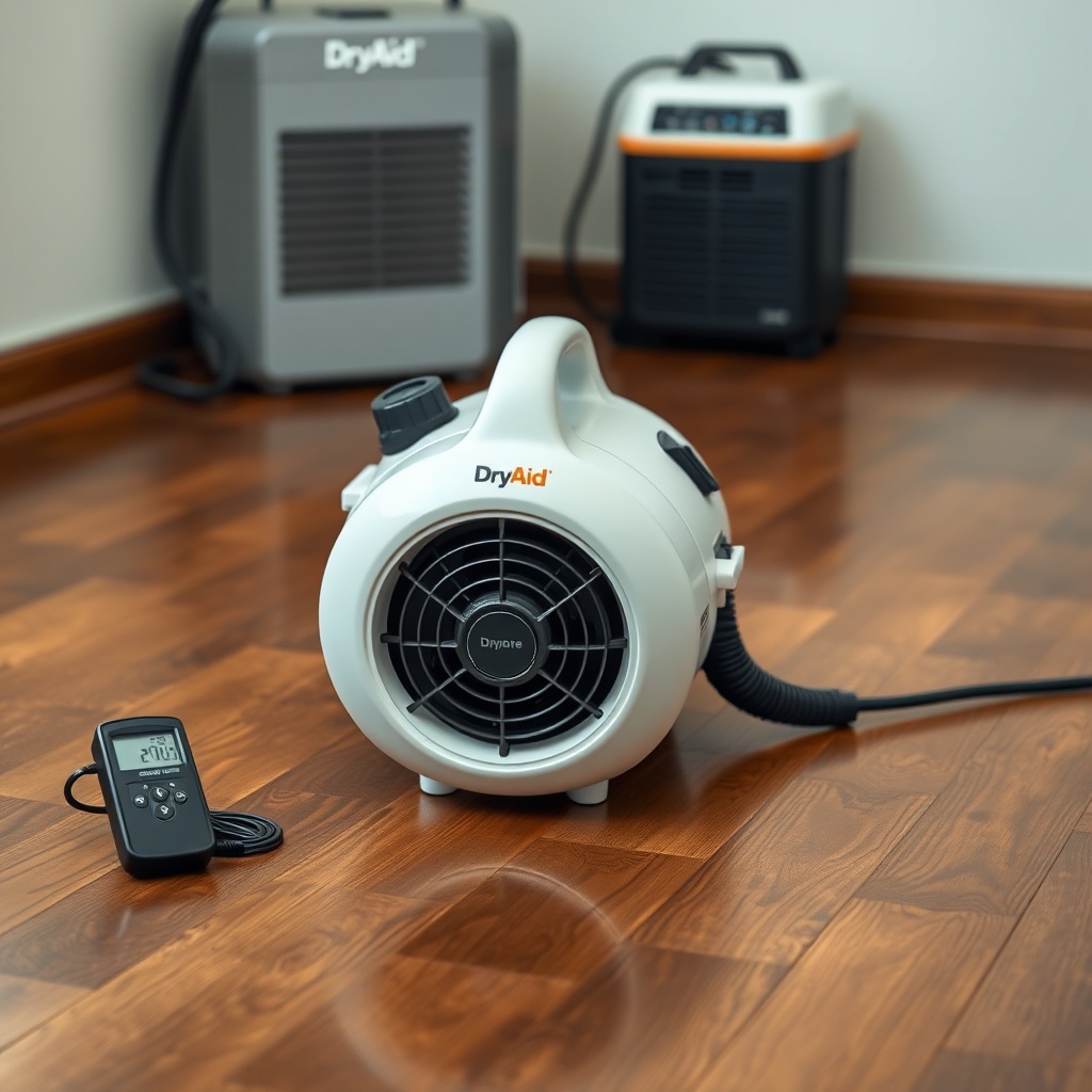 <clean photorealistic photo of a DryAid M120 Pro Air Mover positioned on a wet hardwood fl
