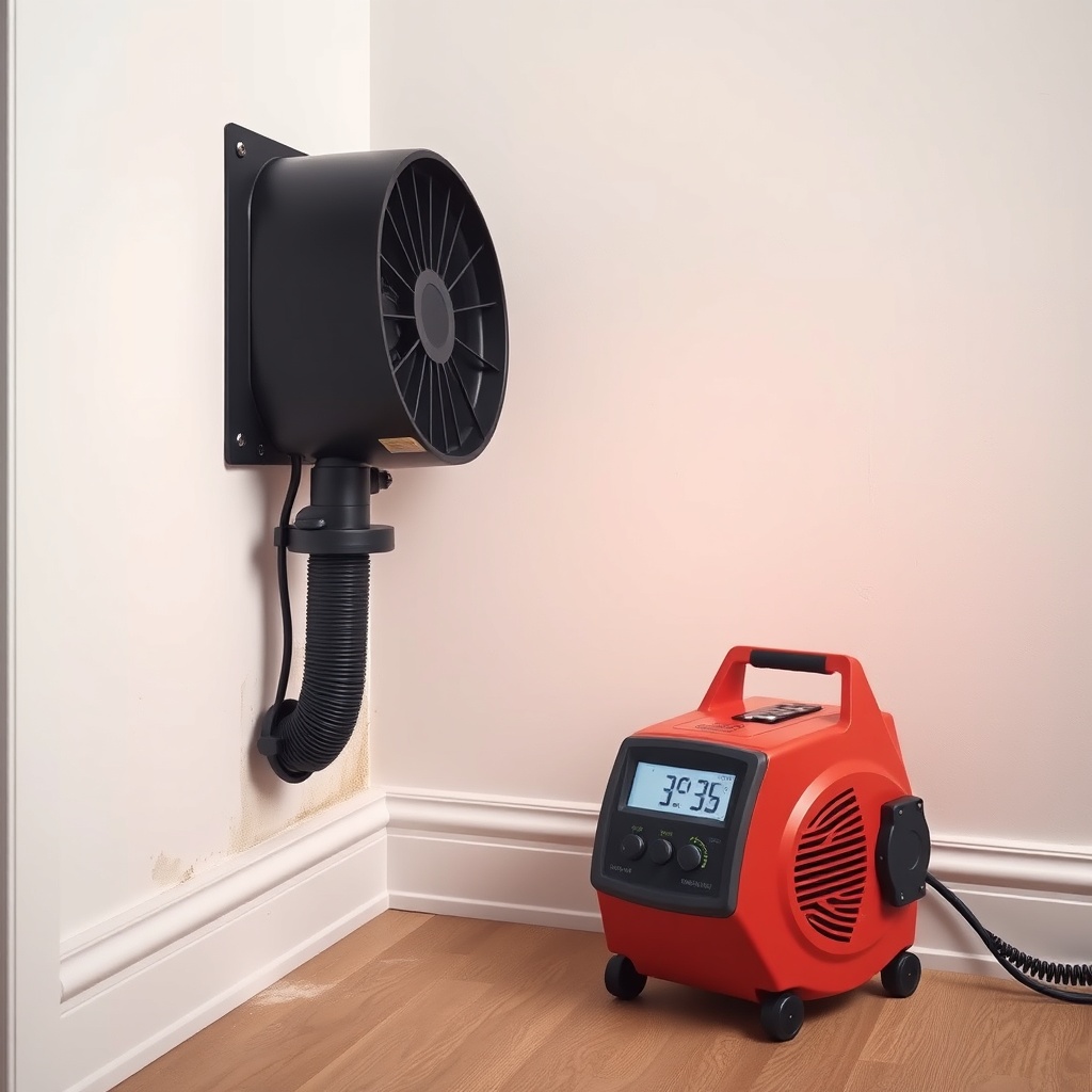 <clean photorealistic photo of an air mover aimed at a damp drywall corner with a moisture