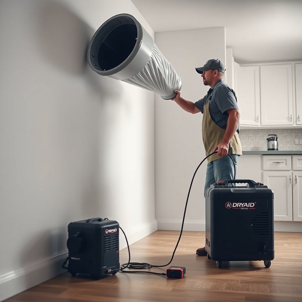 <clean photorealistic photo of a restoration technician directing the DryAid M120 Pro airf