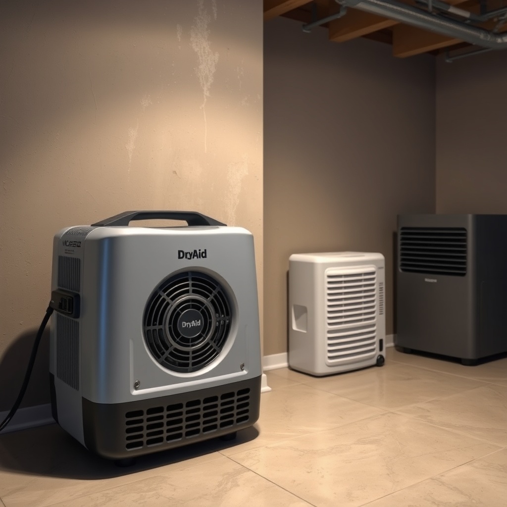 <clean photorealistic photo of the DryAid M120 Pro running in a damp basement corner