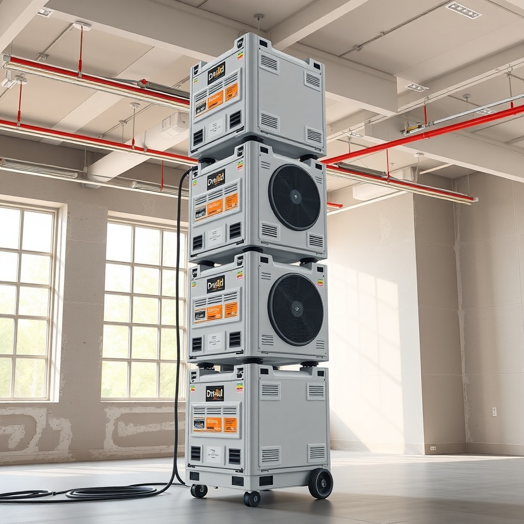 <clean photorealistic photo/illustration showing a stack of four DryAid M120 Pro units int