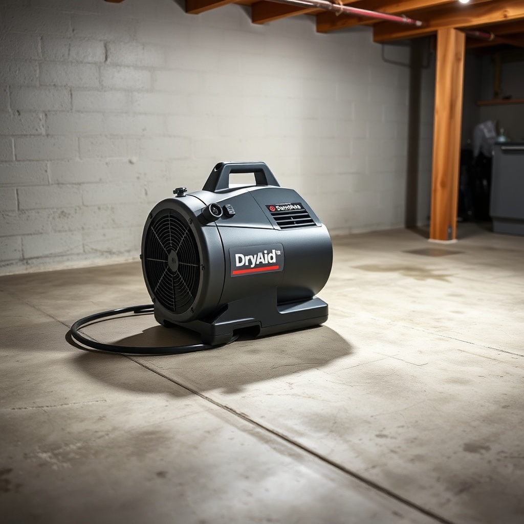 A clean photorealistic photo of a DryAid M120 Pro Air Mover positioned in a residential ba