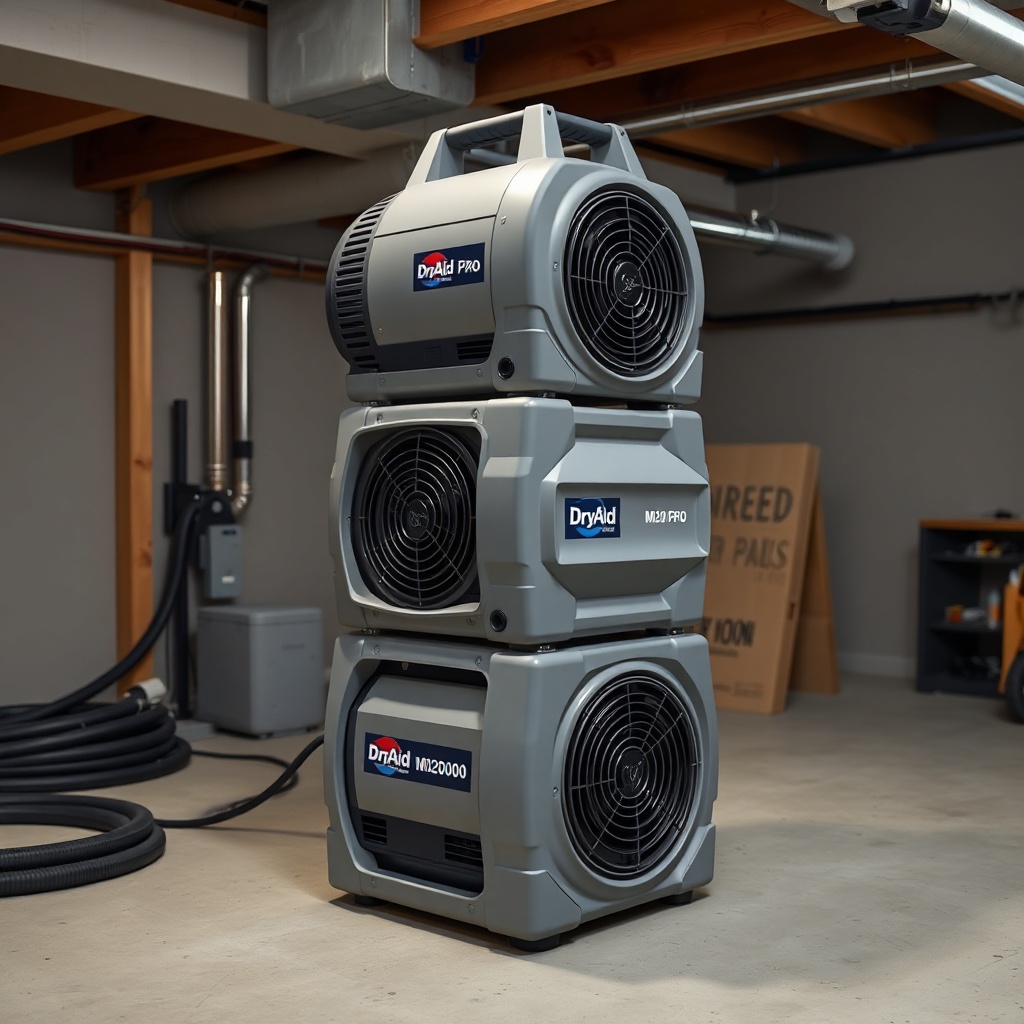 A clean photorealistic photo of a DryAid M120 Pro Air Mover in a stack of three units duri